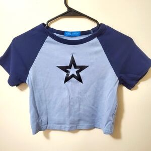 Light/Dark Blue Raglan Star T-Shirt NewJeans Y2K Style (M)